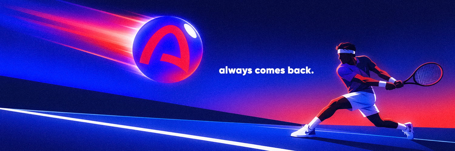 ARCBALL struck across a court, trailing red and blue light, with the line: always comes back.